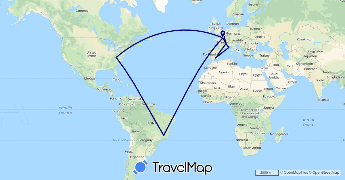 TravelMap itinerary: driving in Brazil, Spain, France, United States (Europe, North America, South America)